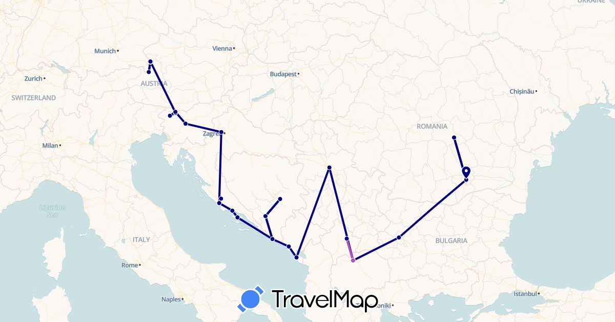 TravelMap itinerary: driving, train in Austria, Bosnia and Herzegovina, Bulgaria, Germany, Croatia, Montenegro, Macedonia, Romania, Serbia, Slovenia (Europe)